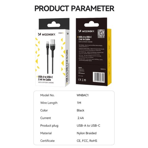 Kabel Wozinsky WNBAC2 USB-A / USB-C 2.4A 2 m - czarny Kabel Wozinsky WNBAC2 USB-A / USB-C 2.4A 2 m - czarny