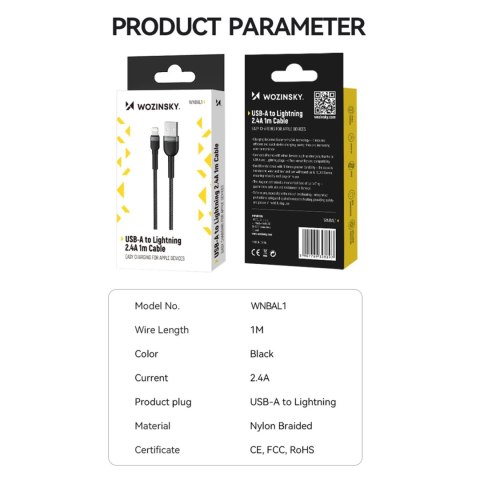 Kabel Wozinsky WNBAL1 USB-A / Lightning 2.4A 1 m - czarny Kabel Wozinsky WNBAL1 USB-A / Lightning 2.4A 1 m - czarny