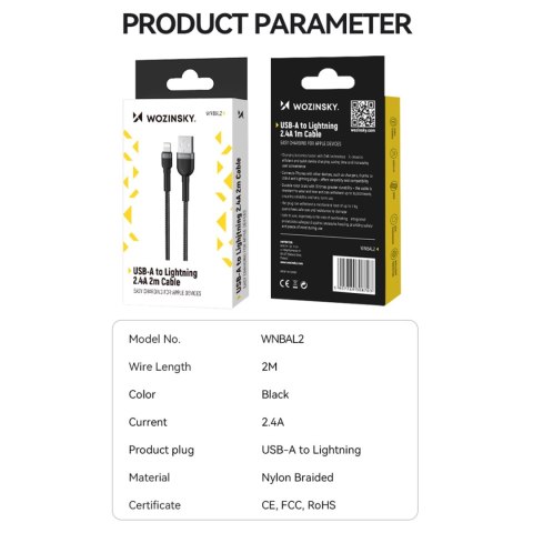 Kabel Wozinsky WNBAL2 USB-A / Lightning 2.4A 2 m - czarny Kabel Wozinsky WNBAL2 USB-A / Lightning 2.4A 2 m - czarny