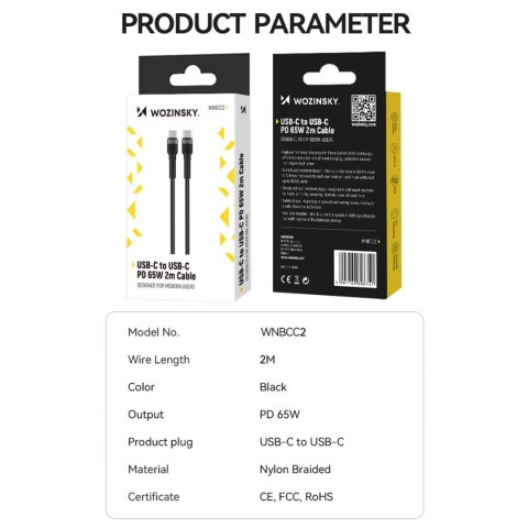Kabel Wozinsky WNBCC2 USB-C / USB-C PD 65W 2 m - czarny Kabel Wozinsky WNBCC2 USB-C / USB-C PD 65W 2 m - czarny