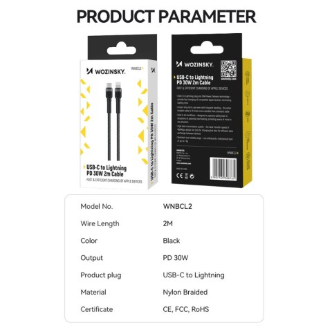 Kabel Wozinsky WNBCL2 Lightning / USB-C PD 30W 2 m - czarny Kabel Wozinsky WNBCL2 Lightning / USB-C PD 30W 2 m - czarny