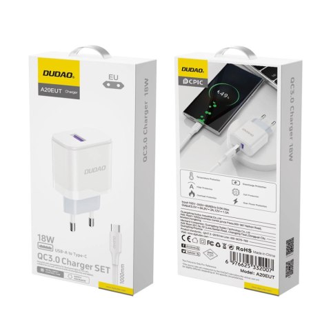 Ładowarka Dudao A20EU sieciowa USB-A 18W - biała + kabel USB-A - USB-C Ładowarka Dudao A20EU sieciowa USB-A 18W - biała + kabel USB-A - USB-C