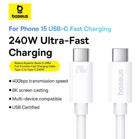 Kabel Baseus CB000066 USB-C - USB-C 240W PD 8K 60Hz 1m - biały Kabel Baseus CB000066 USB-C - USB-C 240W PD 8K 60Hz 1m - biały