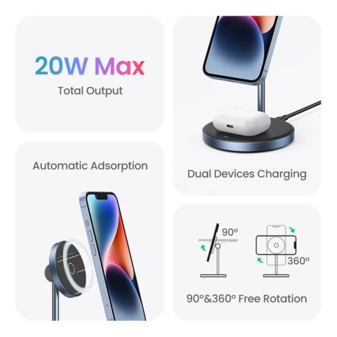 Stacja ładująca 2w1 Ugreen CD317 MagSafe / Qi - czarna Stacja ładująca 2w1 Ugreen CD317 MagSafe / Qi - czarna