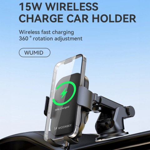 Uchwyt Wozinsky WUMID na telefon z ładowarką indukcyjną 15W na deskę rozdzielczą samochodu - czarny Uchwyt Wozinsky WUMID na telefon z ładowarką indukcyjną 15W na deskę rozdzielczą samochodu - czarny