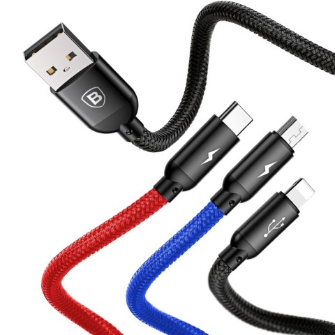 Kabel Baseus Three Primary Colors 3w1 USB-A - micro USB / Lightning / USB-C 3.5A 0,3 m - czarny Kabel Baseus Three Primary Colors 3w1 USB-A - micro USB / Lightning / USB-C 3.5A 0,3 m - czarny