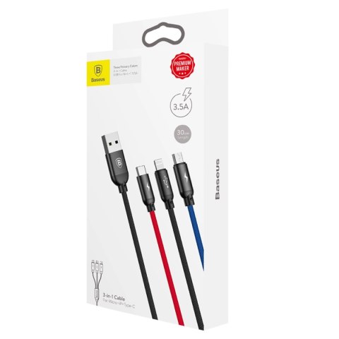 Kabel Baseus Three Primary Colors 3w1 USB-A - micro USB / Lightning / USB-C 3.5A 0,3 m - czarny Kabel Baseus Three Primary Colors 3w1 USB-A - micro USB / Lightning / USB-C 3.5A 0,3 m - czarny