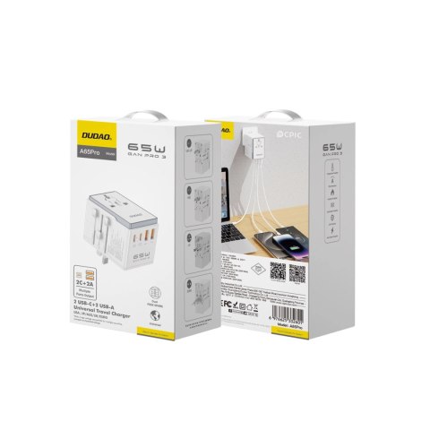 Adapter podróżny Dudao A65Pro 65W EU / US / JP / AUS / UK 2x USB-C 2x USB-A - biały Adapter podróżny Dudao A65Pro 65W EU / US / JP / AUS / UK 2x USB-C 2x USB-A - biały