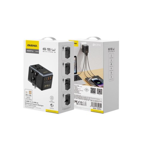 Adapter podróżny Dudao A65Pro 65W EU / US / JP / AUS / UK 2x USB-C 2x USB-A - czarny Adapter podróżny Dudao A65Pro 65W EU / US / JP / AUS / UK 2x USB-C 2x USB-A - czarny