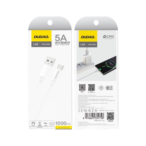 Kabel Dudao L4ST USB-A / USB-C 5A 1m - biały Kabel Dudao L4ST USB-A / USB-C 5A 1m - biały