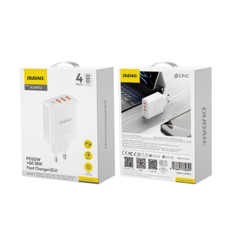Ładowarka Dudao A5HEU sieciowa 3x USB-A 1x USB-C PD20W - biała Ładowarka Dudao A5HEU sieciowa 3x USB-A 1x USB-C PD20W - biała
