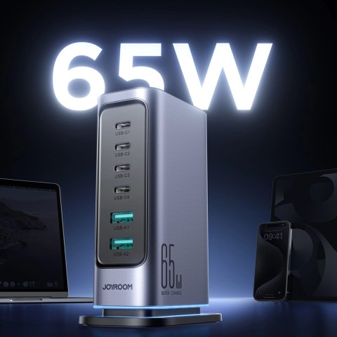 Ładowarka Joyroom JR-TCM02 wieloportowa GaN 65W EU 4x USB-C 2x USB-A - ciemnoszara Ładowarka Joyroom JR-TCM02 wieloportowa GaN 65W EU 4x USB-C 2x USB-A - ciemnoszara