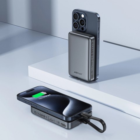 Powerbank Acefast M10 magnetyczny 2x USB-C PD 30W z ładowaniem indukcyjnym 15W i kablem USB-C - czarny