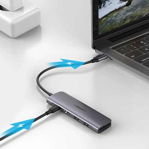 Adapter Ugreen CM195 6w1 USB-C - HDMI / 2x USB-A 3.0 / USB-C PD / czytnik SD / TF - szary