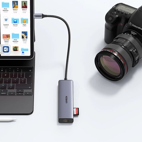 Adapter Ugreen CM512 90568 USB-C - 2x USB-A 3.0 / HDMI / RJ45 / czytnik kart SD i TF / USB-C PD 100W - szary