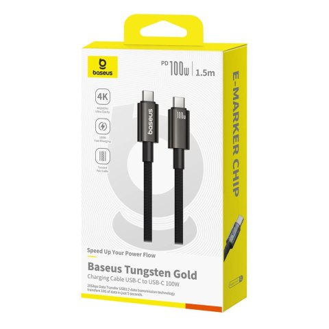 Kabel Baseus Tungsten Gold USB-C 3.2 / USB-C 3.2 100W 4K 60Hz 1.5m - czarny Kabel Baseus Tungsten Gold USB-C 3.2 / USB-C 3.2 100W 4K 60Hz 1.5m - czarny