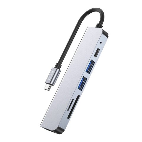HUB Tech-Protect V4 6w1 USB-C - USB-A 3.0 / USB-A 2.0 / USB-C / HDMI / czytnik kart micro SD / TF / SD - szary