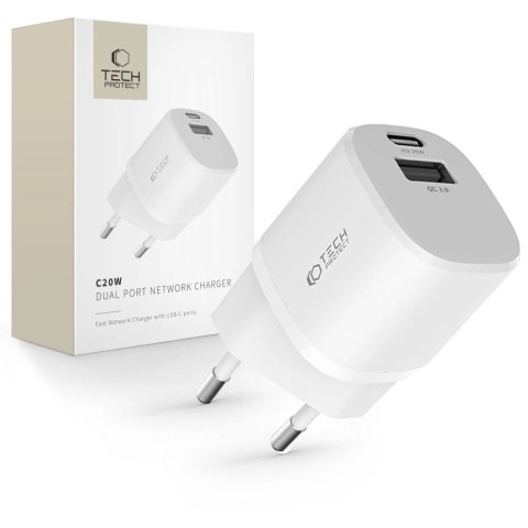 Ładowarka Tech-Protect C20W sieciowa mini USB-C PD 20W / USB-A QC 3.0 - biała Ładowarka Tech-Protect C20W sieciowa mini USB-C PD 20W / USB-A QC 3.0 - biała