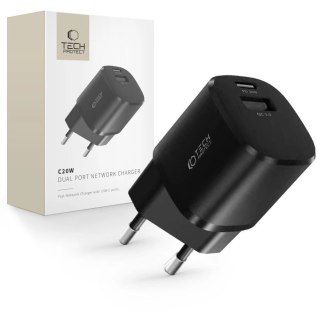 Ładowarka Tech-Protect C20W sieciowa mini USB-C PD 20W / USB-A QC 3.0 - czarna