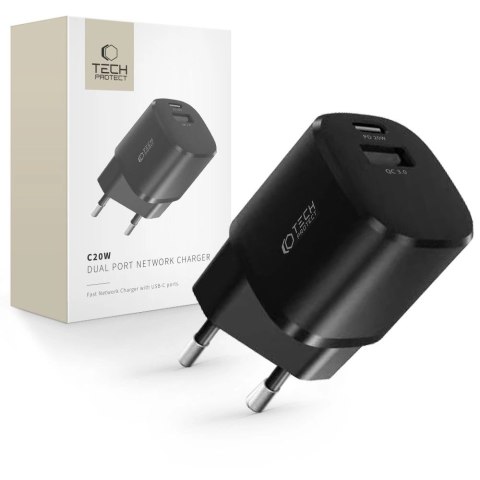 Ładowarka Tech-Protect C20W sieciowa mini USB-C PD 20W / USB-A QC 3.0 - czarna Ładowarka Tech-Protect C20W sieciowa mini USB-C PD 20W / USB-A QC 3.0 - czarna