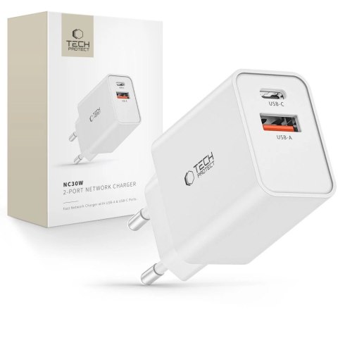 Ładowarka Tech-Protect NC30W sieciowa USB-C PD 30W / USB-A QC 3.0 - biała Ładowarka Tech-Protect NC30W sieciowa USB-C PD 30W / USB-A QC 3.0 - biała