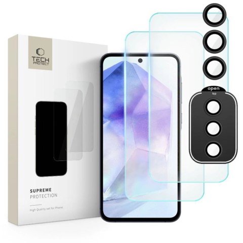 Zestaw Tech-Protect Supreme Set na Samsung Galaxy A55 5G 2x szkło hartowane na wyświetlacz / szkło hartowane na aparat Zestaw Tech-Protect Supreme Set na Samsung Galaxy A55 5G 2x szkło hartowane na wyświetlacz / szkło hartowane na aparat
