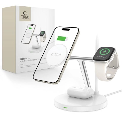 Ładowarka Tech-Protect QI15W-A35 indukcyjna 3w1 z MagSafe na telefon / AirPods / Apple Watch - biała Ładowarka Tech-Protect QI15W-A35 indukcyjna 3w1 z MagSafe na telefon / AirPods / Apple Watch - biała