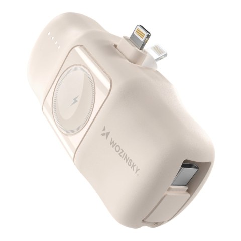 Mini powerbank Wozinsky WF16-YLS 5000mAh 15W Lightning z wbudowanym kablem USB-C i ładowarką do Apple Watch - beżowy