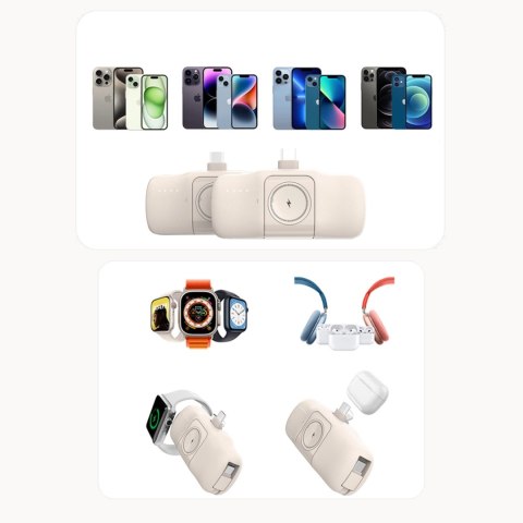 Mini powerbank Wozinsky WF16-YLS 5000mAh 15W Lightning z wbudowanym kablem USB-C i ładowarką do Apple Watch - beżowy