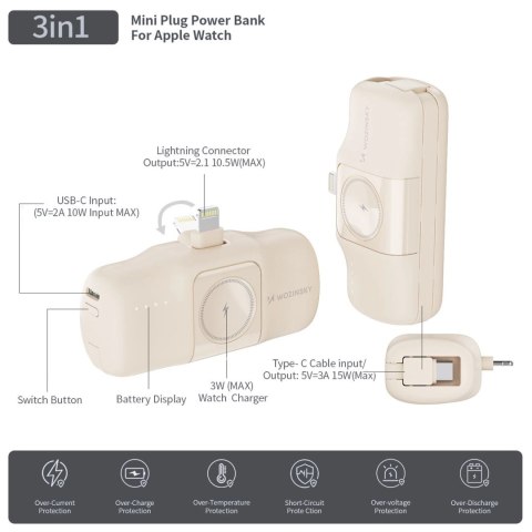Mini powerbank Wozinsky WF16-YLS 5000mAh 15W Lightning z wbudowanym kablem USB-C i ładowarką do Apple Watch - beżowy