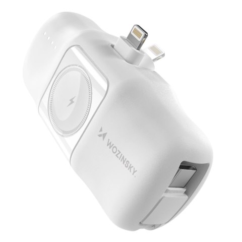 Mini powerbank Wozinsky WF16-YLS 5000mAh 15W Lightning z wbudowanym kablem USB-C i ładowarką do Apple Watch - biały Mini powerbank Wozinsky WF16-YLS 5000mAh 15W Lightning z wbudowanym kablem USB-C i ładowarką do Apple Watch - biały