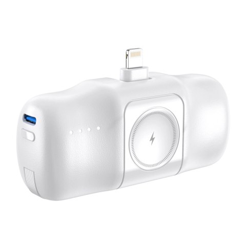 Mini powerbank Wozinsky WF16-YLS 5000mAh 15W Lightning z wbudowanym kablem USB-C i ładowarką do Apple Watch - biały Mini powerbank Wozinsky WF16-YLS 5000mAh 15W Lightning z wbudowanym kablem USB-C i ładowarką do Apple Watch - biały