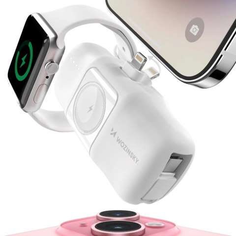 Mini powerbank Wozinsky WF16-YLS 5000mAh 15W Lightning z wbudowanym kablem USB-C i ładowarką do Apple Watch - biały Mini powerbank Wozinsky WF16-YLS 5000mAh 15W Lightning z wbudowanym kablem USB-C i ładowarką do Apple Watch - biały