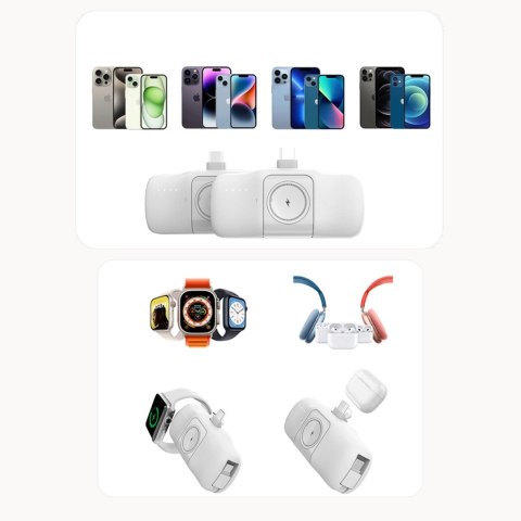 Mini powerbank Wozinsky WF16-YLS 5000mAh 15W Lightning z wbudowanym kablem USB-C i ładowarką do Apple Watch - biały Mini powerbank Wozinsky WF16-YLS 5000mAh 15W Lightning z wbudowanym kablem USB-C i ładowarką do Apple Watch - biały
