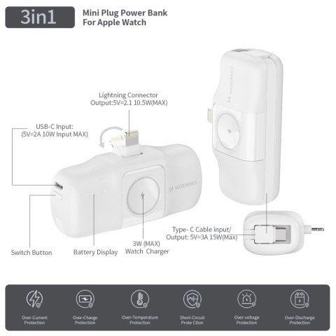 Mini powerbank Wozinsky WF16-YLS 5000mAh 15W Lightning z wbudowanym kablem USB-C i ładowarką do Apple Watch - biały Mini powerbank Wozinsky WF16-YLS 5000mAh 15W Lightning z wbudowanym kablem USB-C i ładowarką do Apple Watch - biały