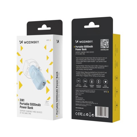 Mini powerbank Wozinsky WF16-YLS 5000mAh 15W Lightning z wbudowanym kablem USB-C i ładowarką do Apple Watch - niebieski
