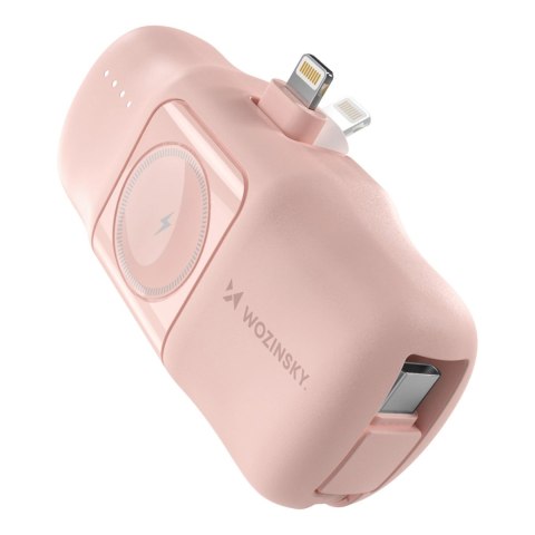 Mini powerbank Wozinsky WF16-YLS 5000mAh 15W Lightning z wbudowanym kablem USB-C i ładowarką do Apple Watch - różowy Mini powerbank Wozinsky WF16-YLS 5000mAh 15W Lightning z wbudowanym kablem USB-C i ładowarką do Apple Watch - różowy