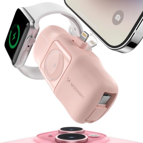Mini powerbank Wozinsky WF16-YLS 5000mAh 15W Lightning z wbudowanym kablem USB-C i ładowarką do Apple Watch - różowy Mini powerbank Wozinsky WF16-YLS 5000mAh 15W Lightning z wbudowanym kablem USB-C i ładowarką do Apple Watch - różowy