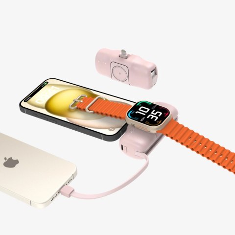 Mini powerbank Wozinsky WF16-YLS 5000mAh 15W Lightning z wbudowanym kablem USB-C i ładowarką do Apple Watch - różowy Mini powerbank Wozinsky WF16-YLS 5000mAh 15W Lightning z wbudowanym kablem USB-C i ładowarką do Apple Watch - różowy