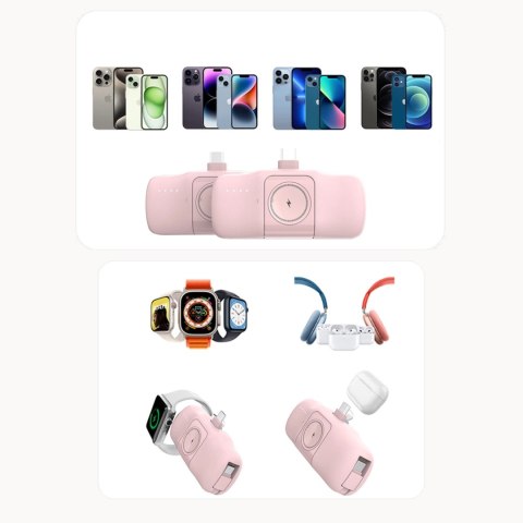Mini powerbank Wozinsky WF16-YLS 5000mAh 15W Lightning z wbudowanym kablem USB-C i ładowarką do Apple Watch - różowy Mini powerbank Wozinsky WF16-YLS 5000mAh 15W Lightning z wbudowanym kablem USB-C i ładowarką do Apple Watch - różowy