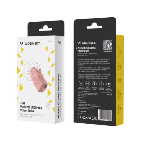 Mini powerbank Wozinsky WF16-YLS 5000mAh 15W Lightning z wbudowanym kablem USB-C i ładowarką do Apple Watch - różowy Mini powerbank Wozinsky WF16-YLS 5000mAh 15W Lightning z wbudowanym kablem USB-C i ładowarką do Apple Watch - różowy