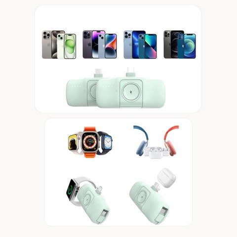 Mini powerbank Wozinsky WF16-YLS 5000mAh 15W Lightning z wbudowanym kablem USB-C i ładowarką do Apple Watch - zielony