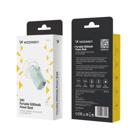 Mini powerbank Wozinsky WF16-YLS 5000mAh 15W Lightning z wbudowanym kablem USB-C i ładowarką do Apple Watch - zielony