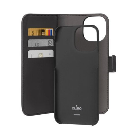 Etui z ekoskóry Puro Wallet Detachable MagSafe 2w1 z klapką i portfelem do iPhone 15 Pro Max - czarne Etui z ekoskóry Puro Wallet Detachable MagSafe 2w1 z klapką i portfelem do iPhone 15 Pro Max - czarne
