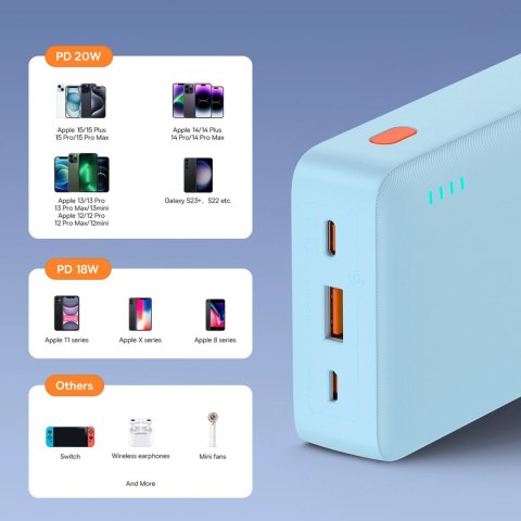 Powerbank Baseus Airpow 20W 20000mAh z białym kablem Baseus Simple Series USB-A - USB-C 50cm - niebieski
