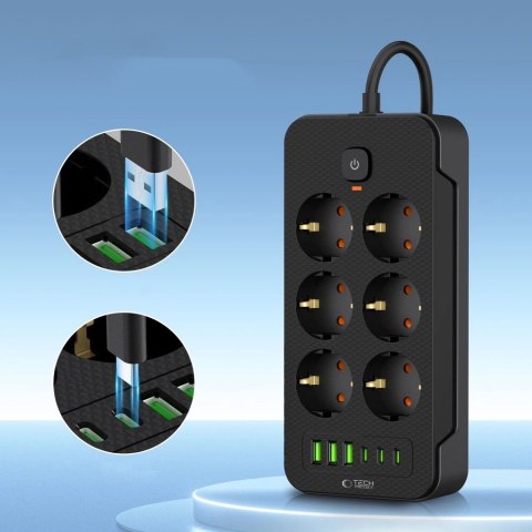 Listwa zasilająca Tech-Protect PC6X6 6 gniazd 240V + 3xUSB-A + 3xUSB-C 200cm - czarna Listwa zasilająca Tech-Protect PC6X6 6 gniazd 240V + 3xUSB-A + 3xUSB-C 200cm - czarna
