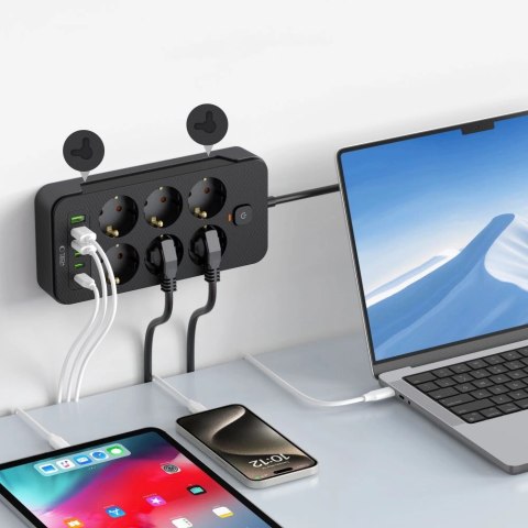 Listwa zasilająca Tech-Protect PC6X6 6 gniazd 240V + 3xUSB-A + 3xUSB-C 200cm - czarna Listwa zasilająca Tech-Protect PC6X6 6 gniazd 240V + 3xUSB-A + 3xUSB-C 200cm - czarna