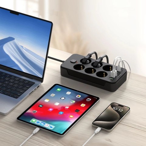 Listwa zasilająca Tech-Protect PC6X6 6 gniazd 240V + 3xUSB-A + 3xUSB-C 200cm - czarna Listwa zasilająca Tech-Protect PC6X6 6 gniazd 240V + 3xUSB-A + 3xUSB-C 200cm - czarna