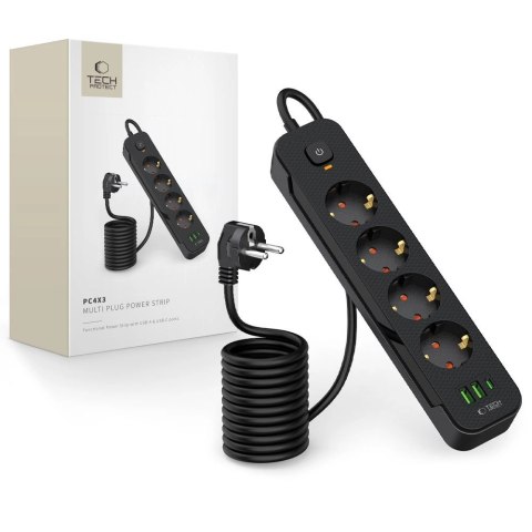 Listwa zasilająca Tech-Protect PCL4X3 4 gniazda 240V + 2xUSB-A + 1xUSB-C 200 cm - czarna Listwa zasilająca Tech-Protect PCL4X3 4 gniazda 240V + 2xUSB-A + 1xUSB-C 200 cm - czarna