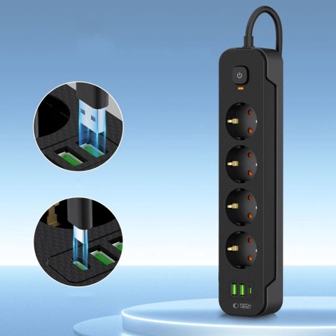 Listwa zasilająca Tech-Protect PCL4X3 4 gniazda 240V + 2xUSB-A + 1xUSB-C 200 cm - czarna Listwa zasilająca Tech-Protect PCL4X3 4 gniazda 240V + 2xUSB-A + 1xUSB-C 200 cm - czarna